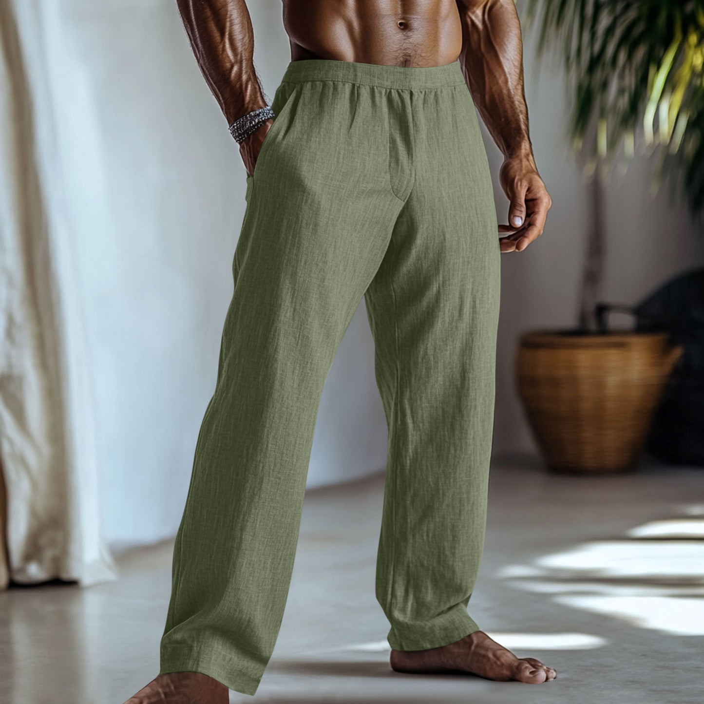 Cotton And Linen Solid Colour Casual Trousers With Pockets