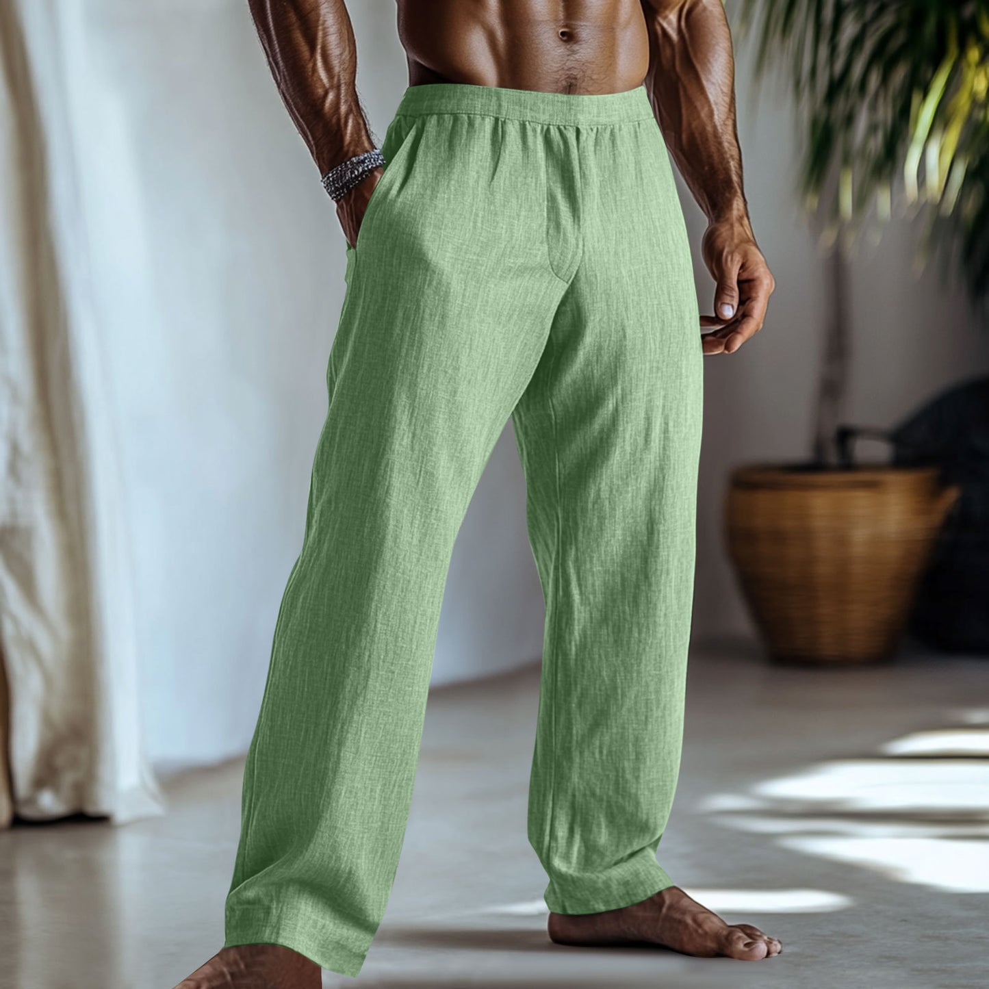Cotton And Linen Solid Colour Casual Trousers With Pockets