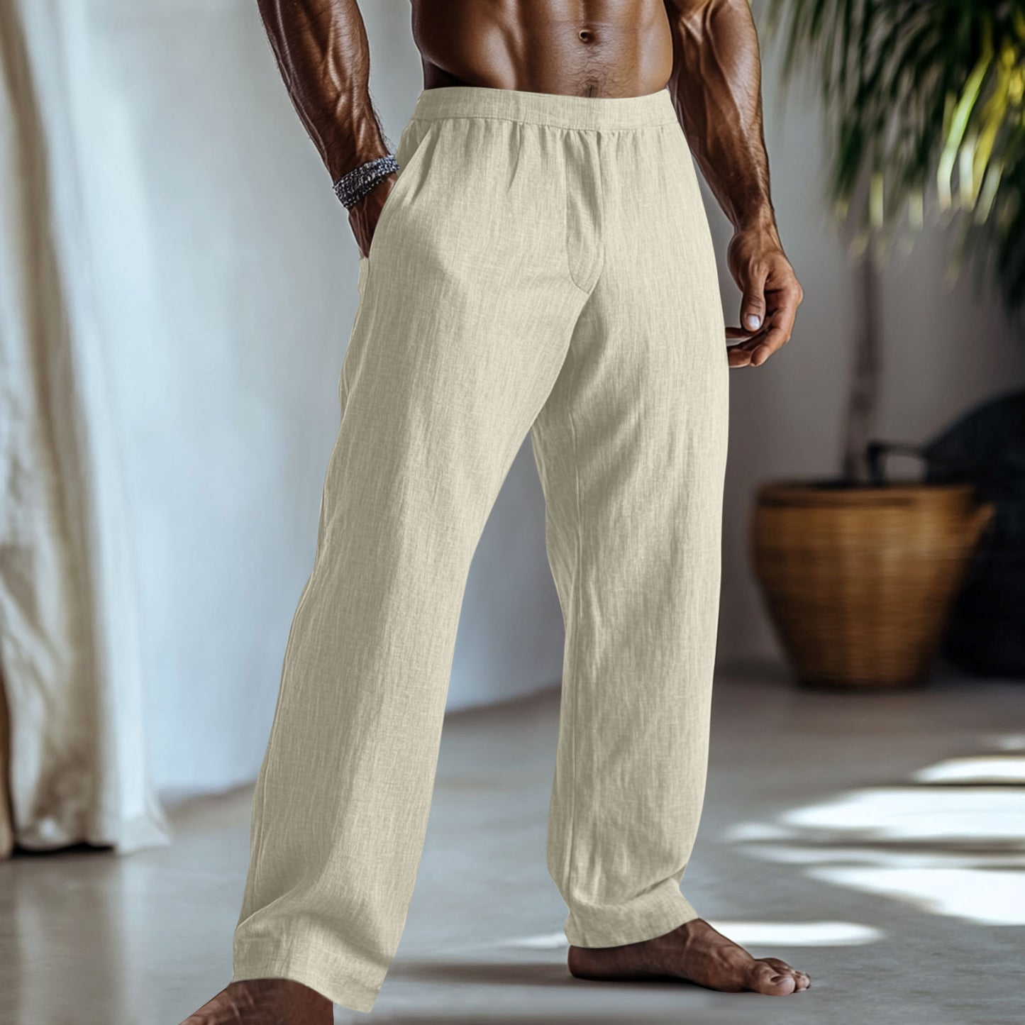 Cotton And Linen Solid Colour Casual Trousers With Pockets