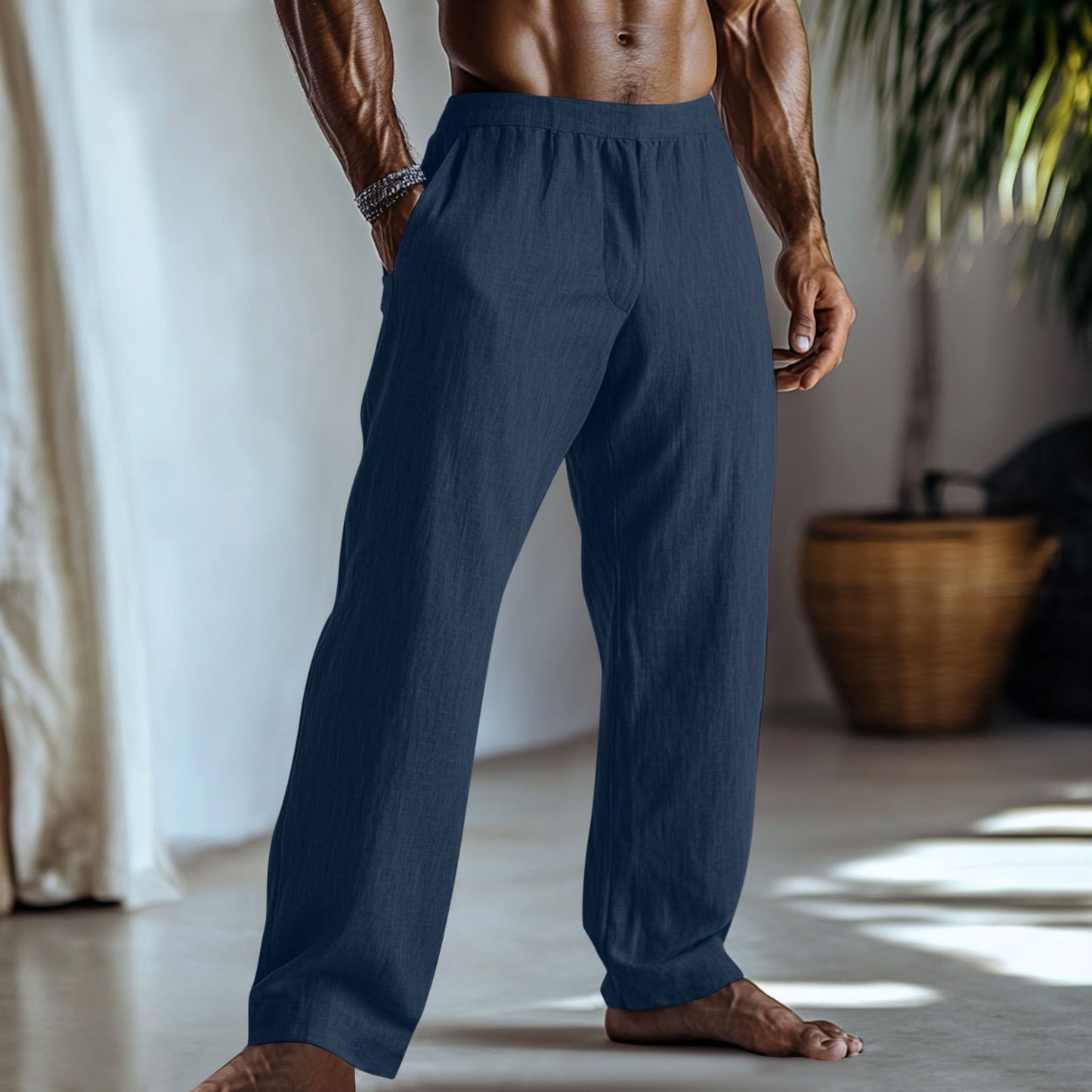 Cotton And Linen Solid Colour Casual Trousers With Pockets