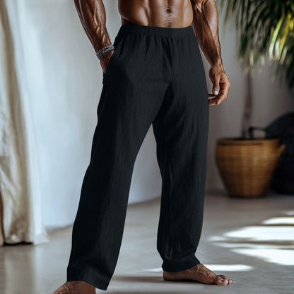 Cotton And Linen Solid Colour Casual Trousers With Pockets