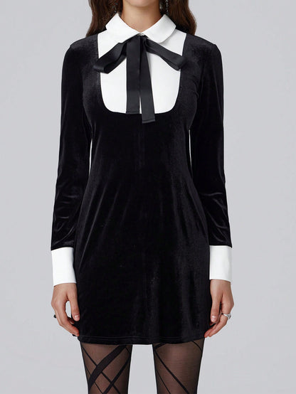 Women's Contrast Collar Maid Style Long Sleeve Short Dress