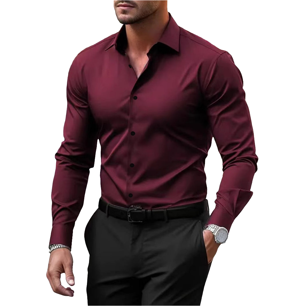 Men's Shirt Business Button Down Shirt Summer Solid Color Long Sleeve Lapel Vacation Shirt Fashion Temperament Casual Tops