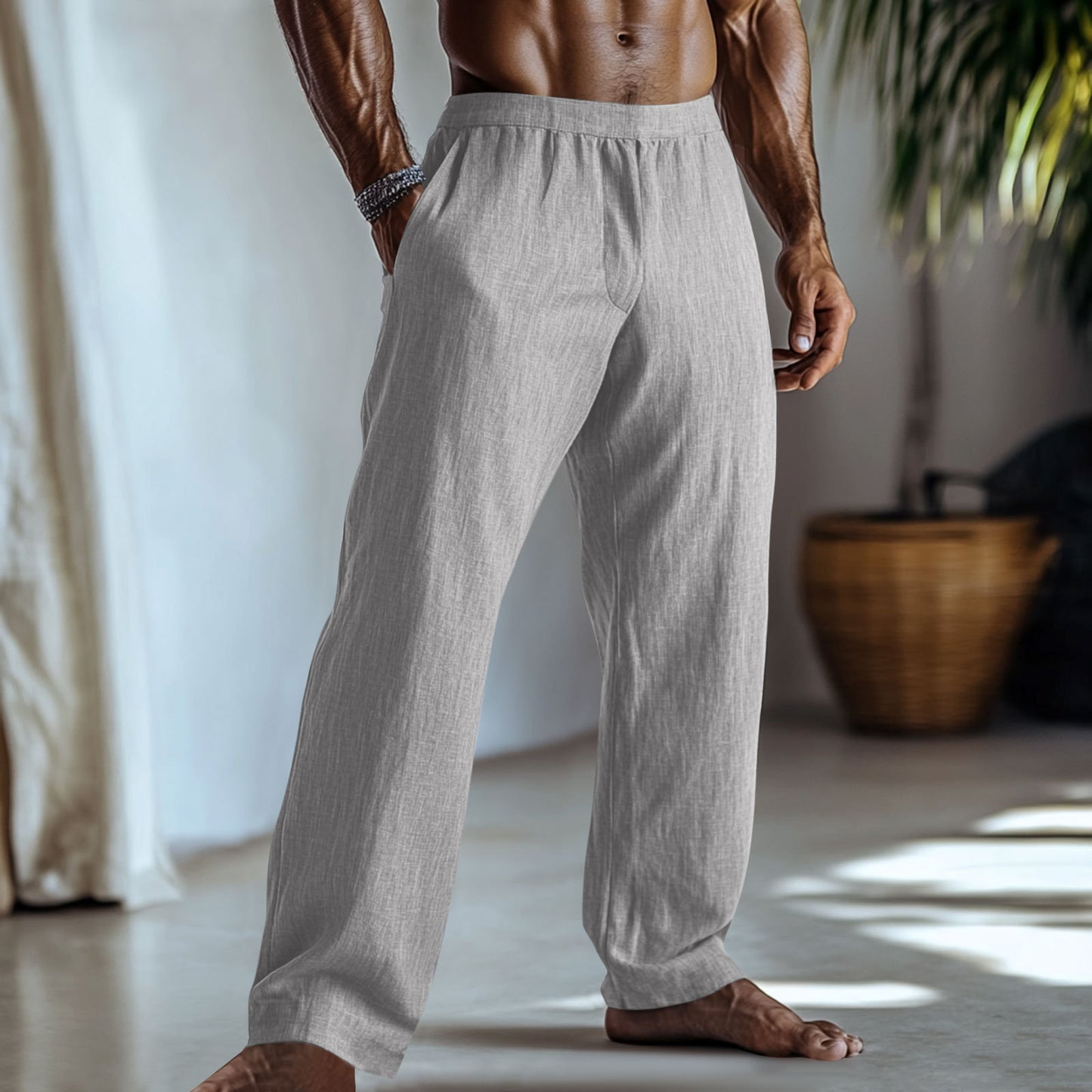 Cotton And Linen Solid Colour Casual Trousers With Pockets