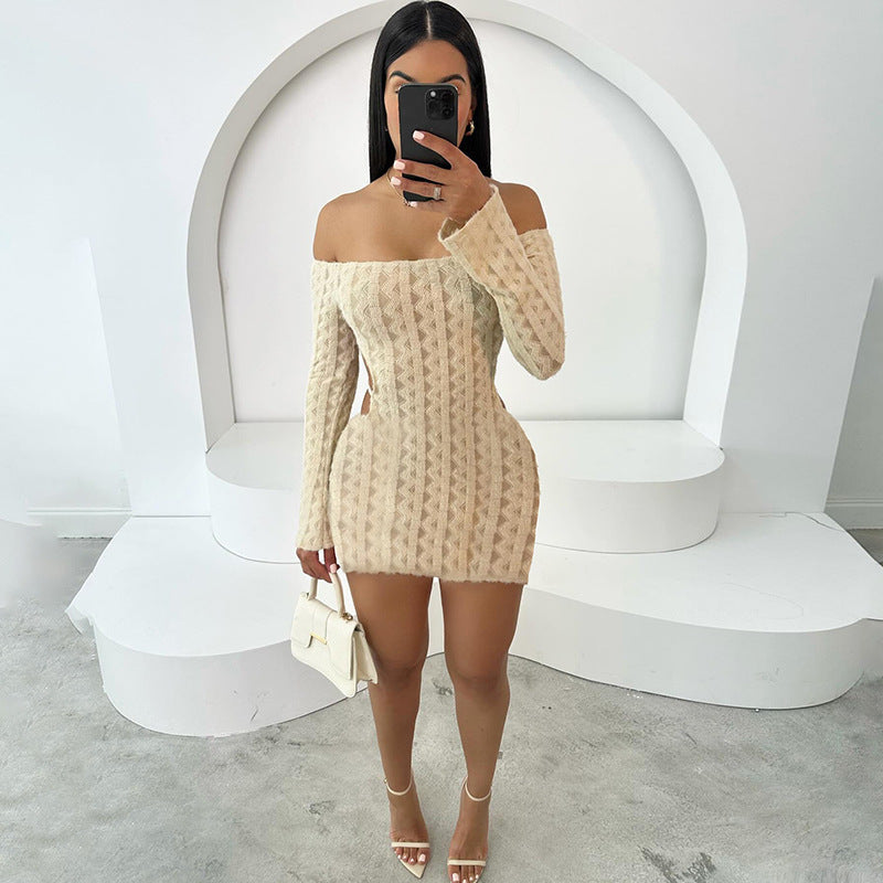 Solid Colour High Waist Slim Fit Backless Off-shoulder Dress