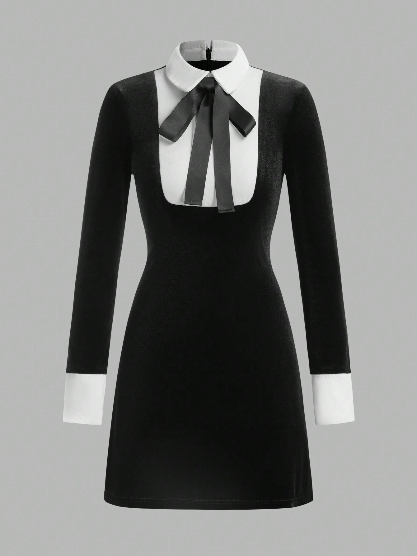 Women's Contrast Collar Maid Style Long Sleeve Short Dress