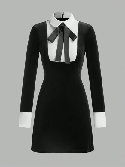 Women's Contrast Collar Maid Style Long Sleeve Short Dress