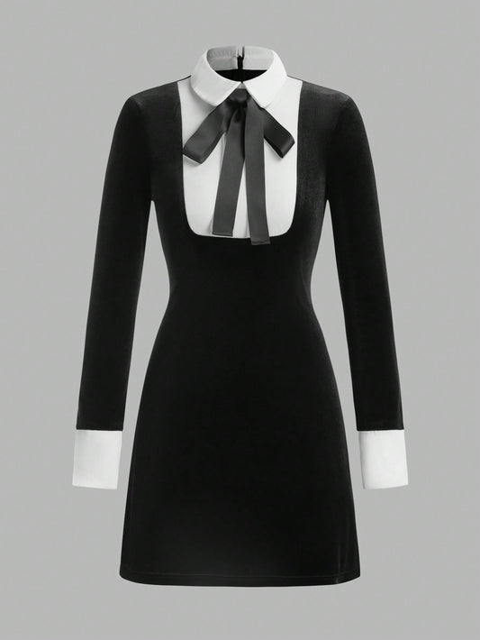 Women's Contrast Collar Maid Style Long Sleeve Short Dress