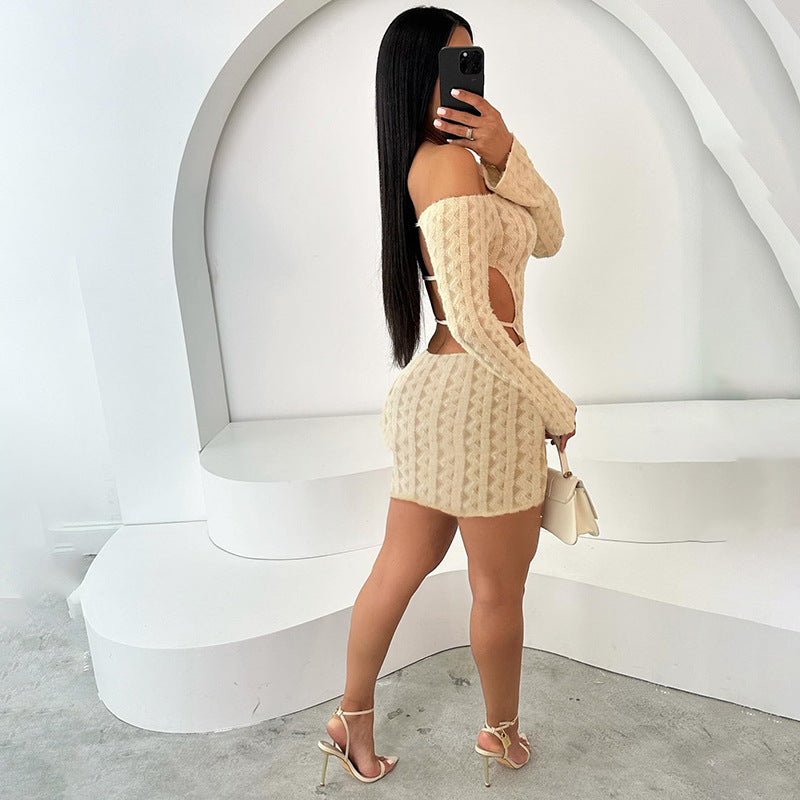 Solid Colour High Waist Slim Fit Backless Off-shoulder Dress