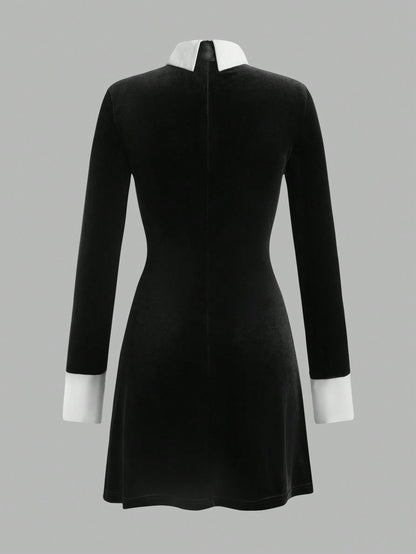Women's Contrast Collar Maid Style Long Sleeve Short Dress