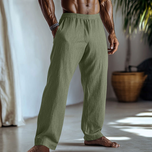 Cotton And Linen Solid Colour Casual Trousers With Pockets