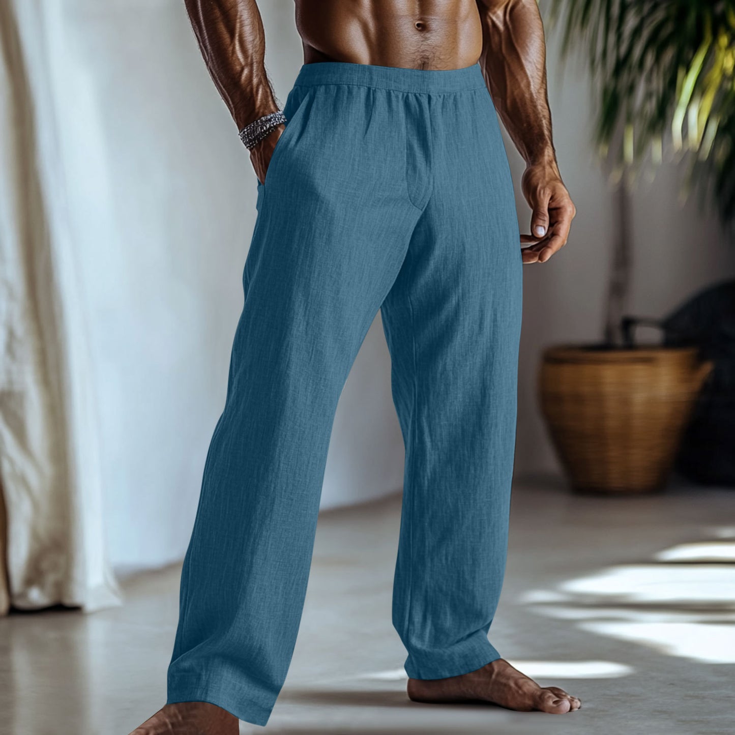 Cotton And Linen Solid Colour Casual Trousers With Pockets